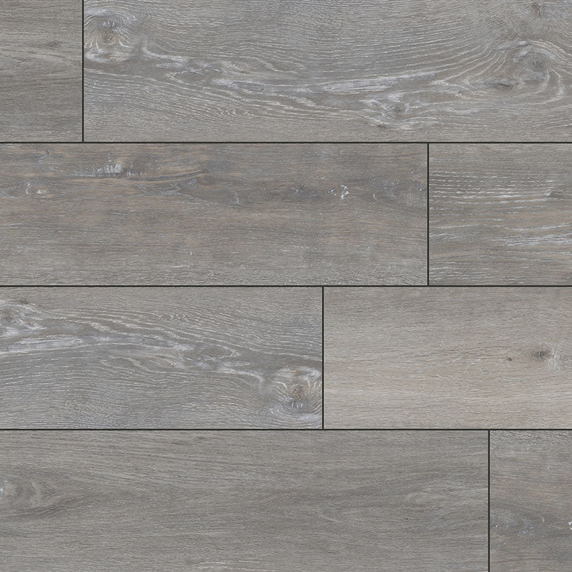 MSI XL Cyrus Finely Luxury Vinyl Planks (22.44 sqft/box) feature gray wood-look designs with natural grain and knots, a CrystaLux protective layer, and durable waterproof flooring in a staggered brick pattern.